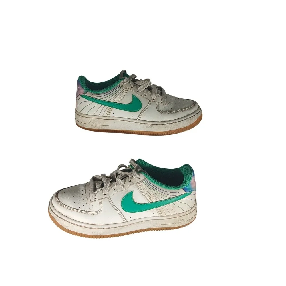 Nike Air‎ Force 1 Low Youth GS White Green Pink Iridescent Swoosh Shoes 4.5Y